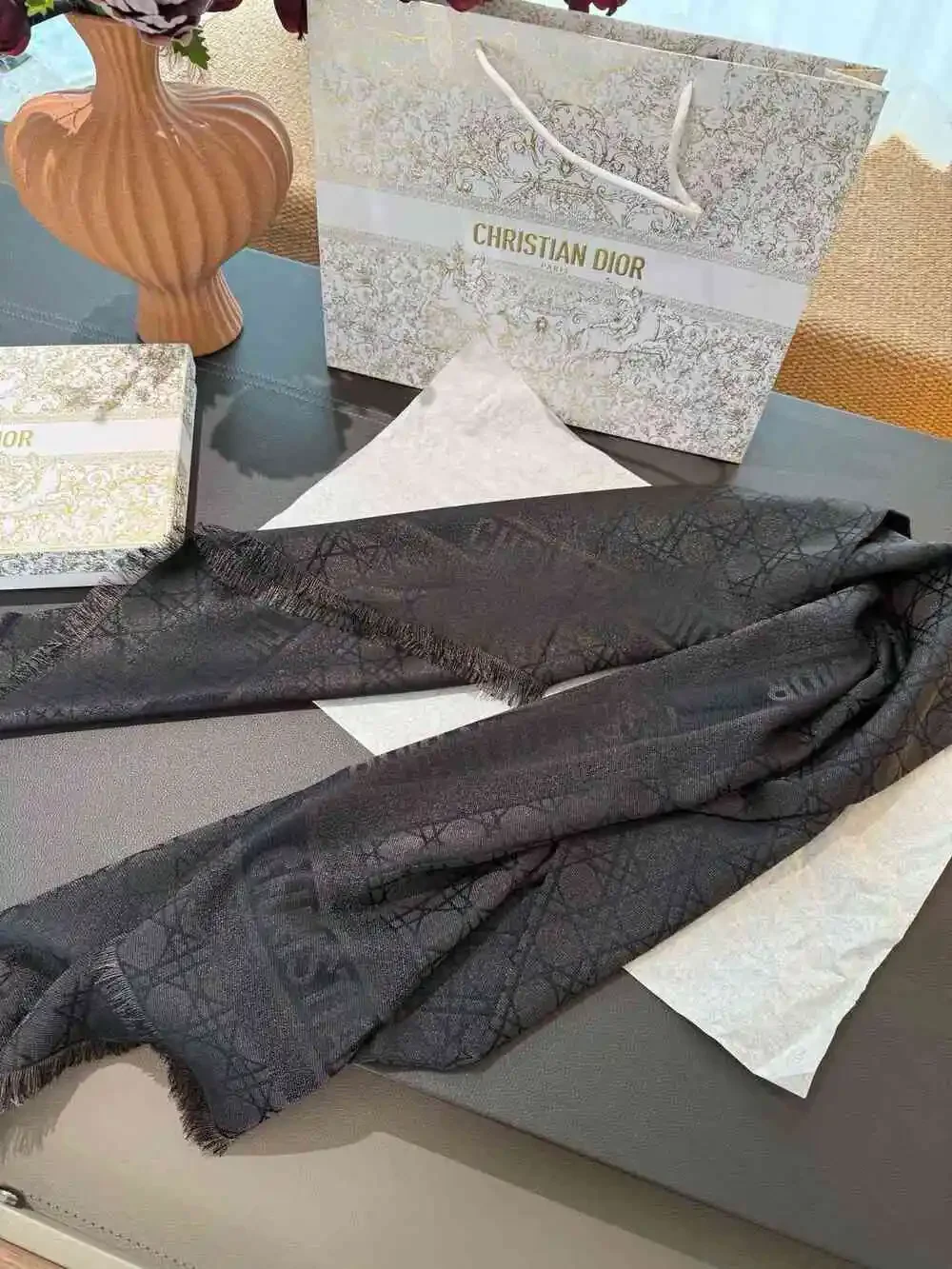 DIOR Black Monogram Sheer Scarf